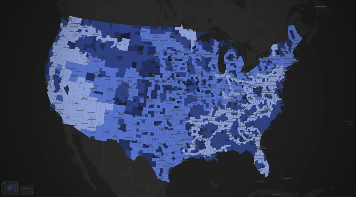 United States county map, transmission voltage layer